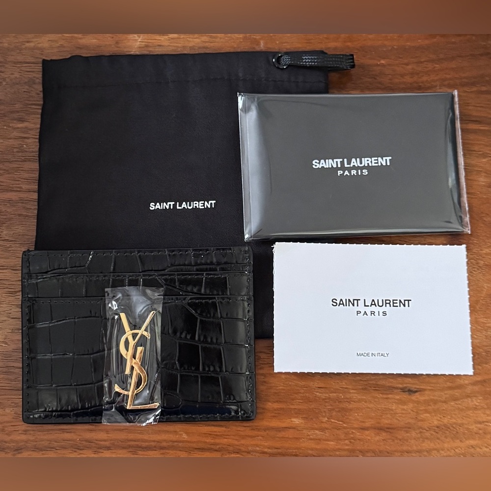 Saint Laurent Black Croc Card Holder with Gold Logo